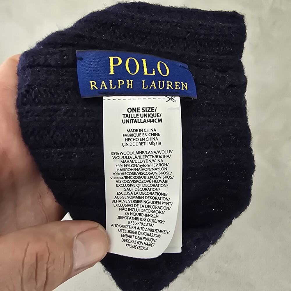 Polo Ralph Lauren Wool Blend Knit Ribbed Kids Baby Beanie Hat Navy Blue Pony - Picture 3 of 4
